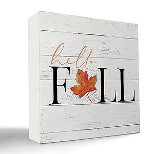 kunlisa Fall Signs,Fall Maple Leaf Wood Box Sign Desk Decor,Rustic Fall Wood Block Plaque Box Sign for Home Farmhouse Shelf Table Decor 5x5 Inch (White)
