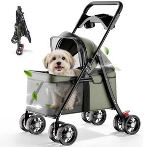 GTPLAYER Foldable Pet Stroller for Small Dogs and Cats, Holds Up to 33 lb, 4-Wheel Stroller with 2 Safety Tethers, Breathable Mesh, Lockable Front Wheels, Cup Holder/Tray & Storage Pocket, Green
