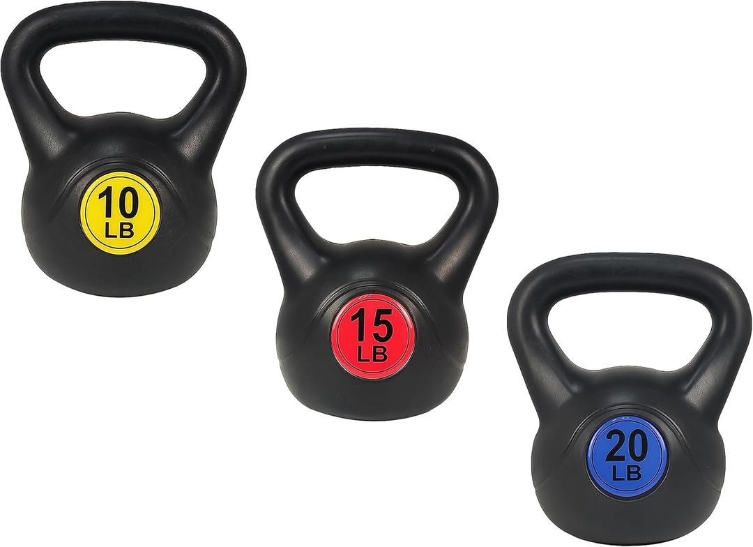 Wide Grip 3-Piece Kettlebell Exercise Fitness Weight Set, Include 5 lbs, 10 lbs, 15 lbs and 20 lbs, Set of 3 or Set of 4