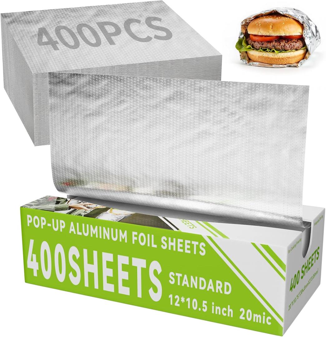Aluminum Foil Sheets, 400 Count Tin foil, 12" x 10.6" Pre-Cut Pop-Up Dispenser for Food Wrap, Hot Dog or Sandwich Wrap, Food Storage, Baking, Catering, Restaurant, Kitchen Use (Silver, 12 Inch)