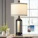 26" Modern Table Lamp with USB A+C Charging Ports & AC Outlet, Industrial Beside Contemporary Lamp Glass LED Night Light for Living Room Bedroom Nightstand End Table Single Black (2 Bulbs Included)