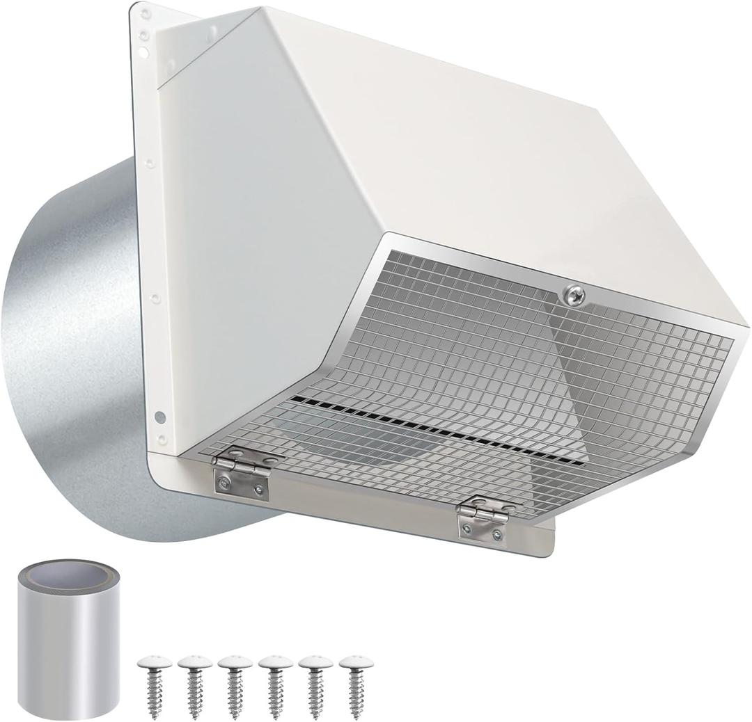 10 Inch Hooded Wall Vent with Screen and Damper, Outdoor Wall Exhaust Vent Cover Cap for Kitchen Range Hood Dryer Exterior Ventilation and Outside Air Exhaust, Galvanized Steel, White