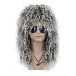 VGbeaty Adult Men Women Long Curly Gray Gradient White Wig 70s 80s Rocker Mullet Halloween Costume Cosplay Wig