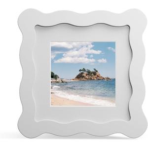 4x4 Picture Frame with Mat for 3x3, Wavy Edge Wooden Real Glass Photo Frame for Tabletop and Wall Hanging, White, 1 Pack