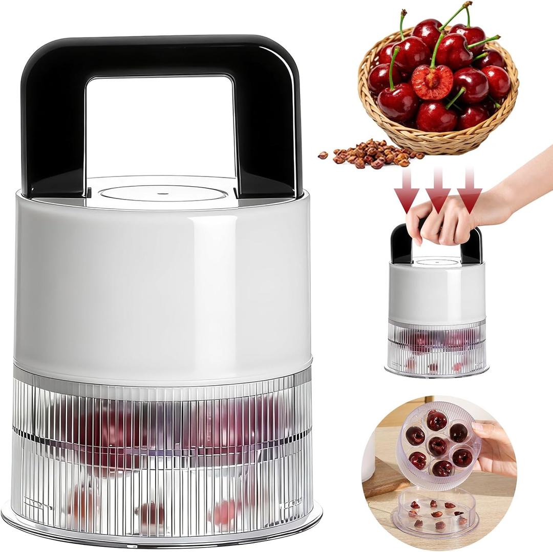 Cherry Pitter Tool - 7-in-1 Multiple Cherry Corer with 1.5" Extra Large Slots for Jumbo Cherries, Olive Pitter, Transparent Pit Container, Dishwasher Safe, Anti-Splash Design