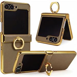 Genuine Leather Case for Samsung Galaxy Z Flip, Military-Grade Drop Protection, Hinge Protection Cover with Ring Kickstand, Gold Trim (Dark Gray, Z Flip7 FE)