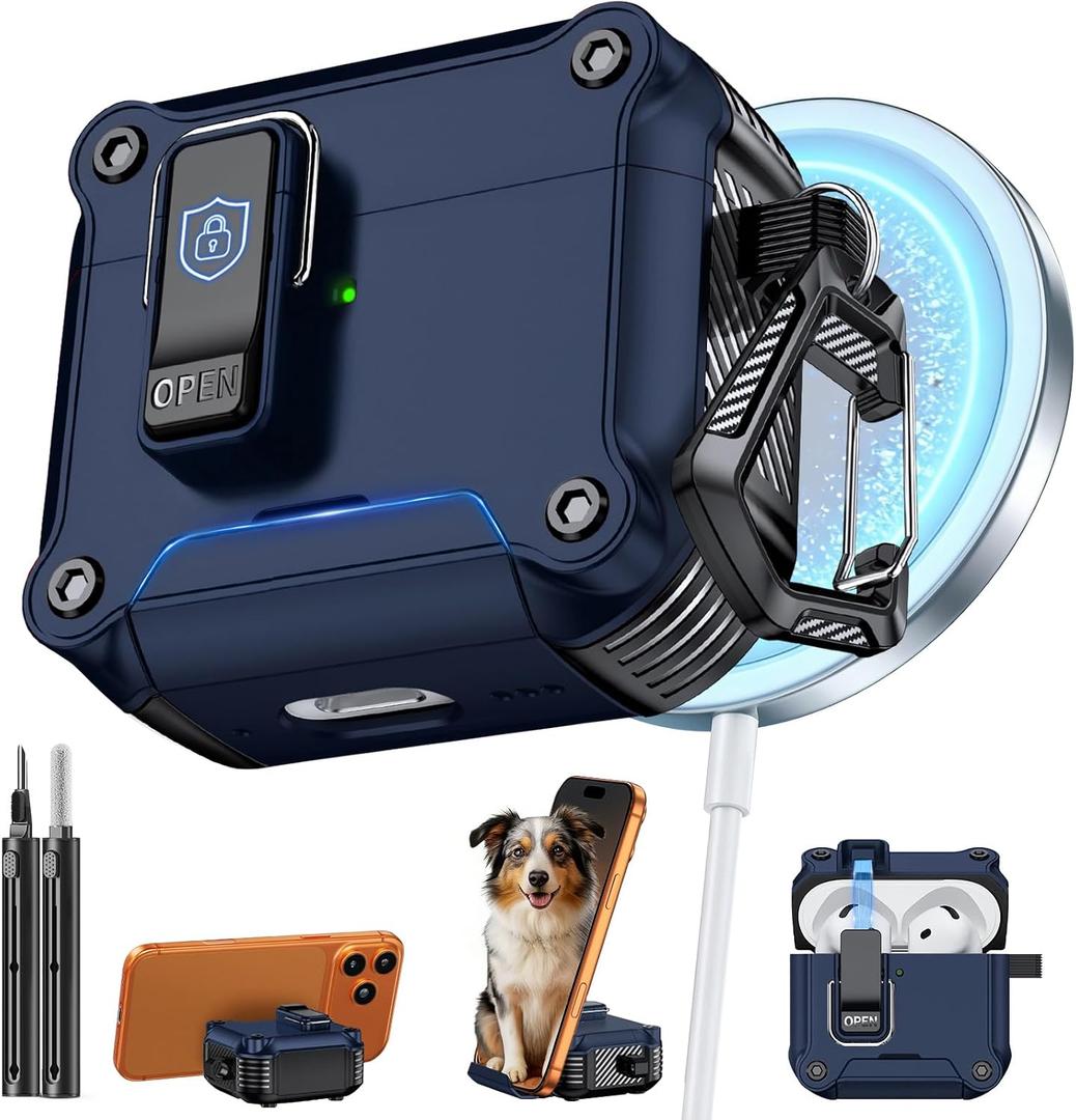 Inesore Compatible with AirPods 4 Case,Secure Lock & Phone Stand Design,Compatible with MagSafe,Automatic Snap Switch Secure Cover (Dark Blue,for AirPods 4)