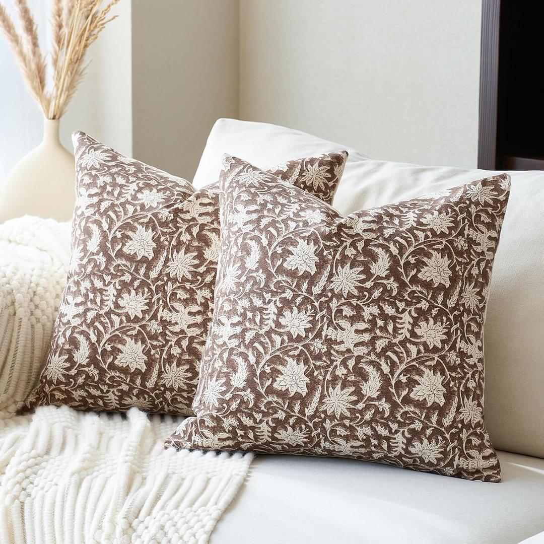 Floral Throw Pillow Covers 18x18 Farmhouse Block Print Pillow Covers Decorative Pillow Covers Couch Pillows for Living Room Vintage Accent Sofa Pillows Set of 2, Brown
