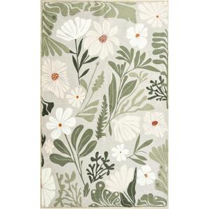 RoomTalks Cute Funky Bedroom Rugs Aesthetic Decor, 5x7 Washable Area Rug Non Slip Sage Green Boho Floral Botanical Rug Modern Abstract Throw Rug Accent Carpet for Living Room Kitchen Entryway Dorm