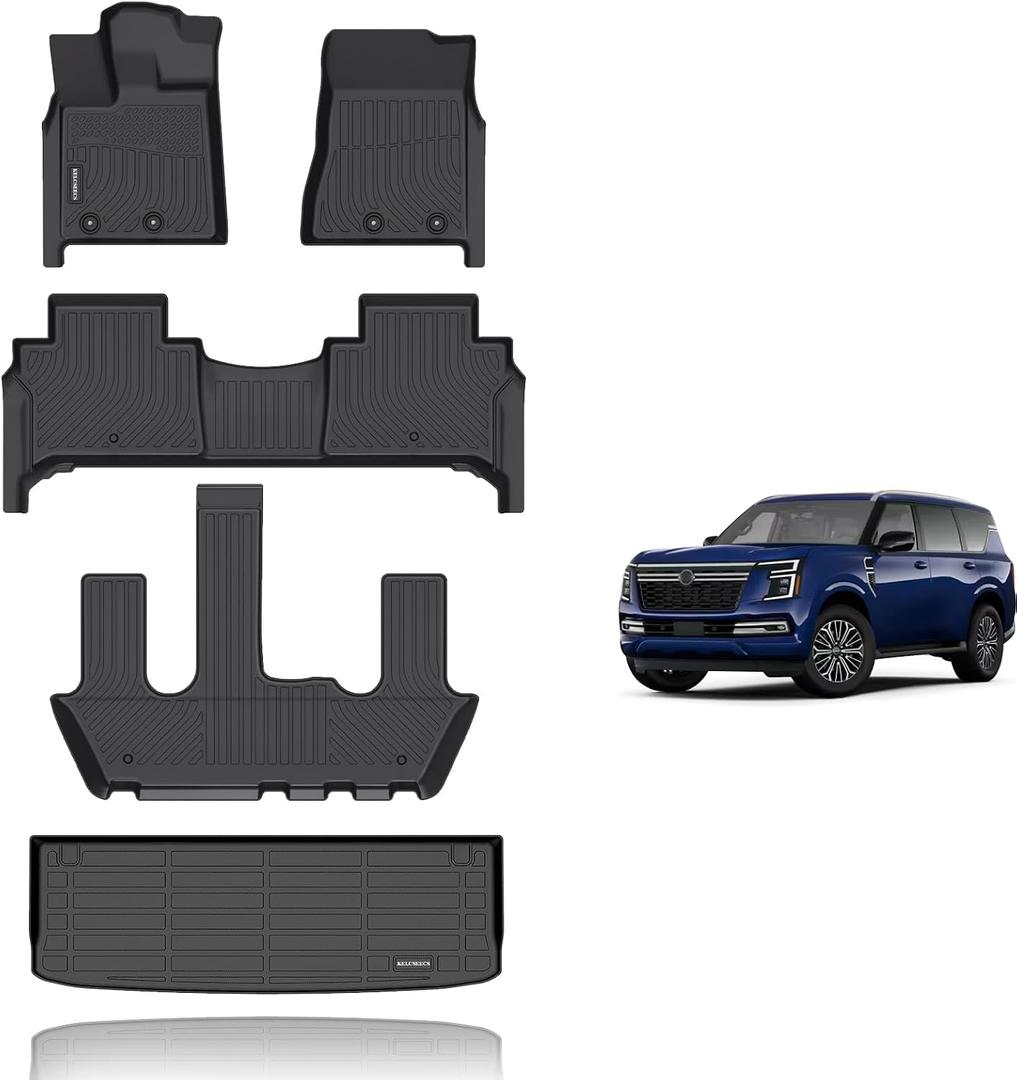 KELCSEECS Floor Mats & Cargo Liner Custom for Nissan Armada/Infiniti QX80 2026 2025 7 Seats Bucket Seat Waterproof All Weather Guard Automotive Liners Front& Rear& 3rd Row Full Set Accessories Black