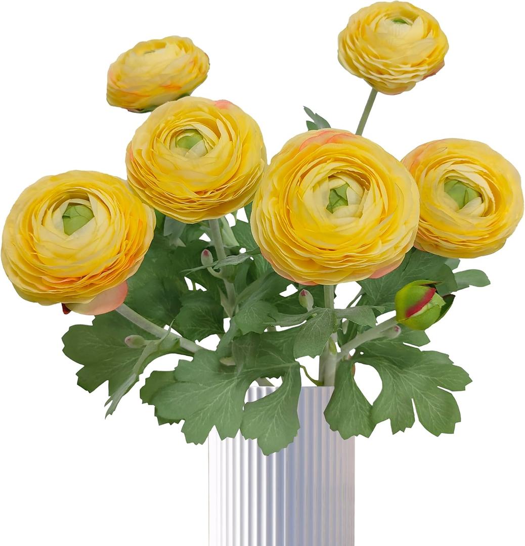 ATFL Yellow Ranunculus Artificial Flowers,6 Pcs Artificial Faux Silk Ranunculus Flowers with Real Touch Stems,Fake Peony Flowers for Floral Arrangements DIY Wedding Bouquet Party Table Home Decor