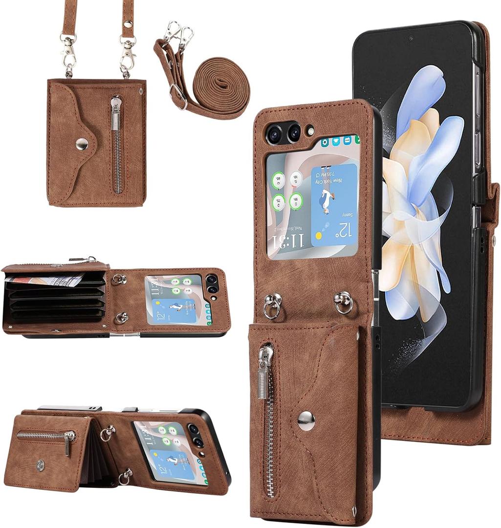Asuwish Phone Case for Samsung Galaxy Z Flip 6 5G 2024 Wallet Cover with Shoulder Crossbody Strap Lanyard Credit Slot Card Holder Stand Leather Mobile Cell ZFlip6 Z6 G Flip6 6Z Women Men Girls Brown