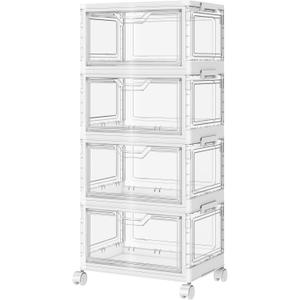SNSLXH Portable Clear Storage Bins with Lid & Wheels, 24QT Clear Storage Bins with Lid, 4-Tier Plastic Bins with Wheels, Stackable, Magnetic Doors, for Bedroom, Living Room, Office (34.6*14.96*11in)