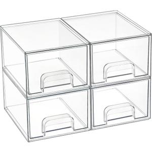 Vtopmart 4 Pack Small Clear Stackable Storage Drawers,Acrylic Bathroom Makeup Organizer,Plastic Storage Bins For Vanity, Undersink, Kitchen Cabinets, Pantry, Home Organization