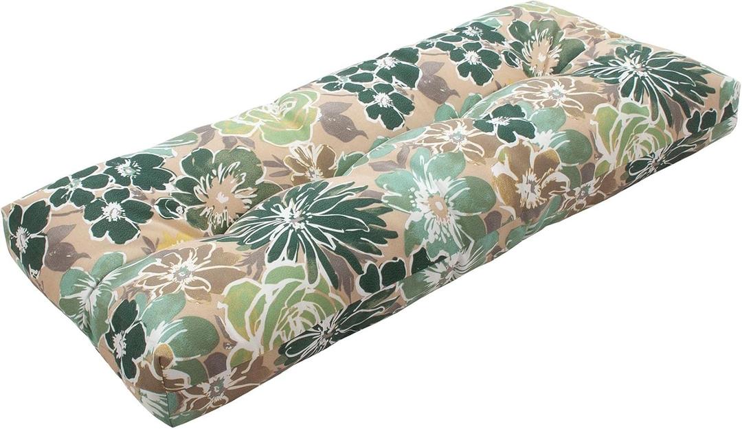 Magpie Fabrics Indoor Outdoor Bench Cushion 42"x18", Non-Slip Tufted Water Resistant Long Seat Pads, Patio Loveseat Cushion for Window, Garden, Swing, Settee - Green Floral