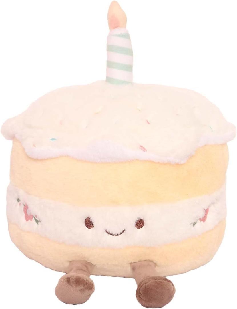 Soft Plush Birthday Cake Stuffed Animal, White and Yellow, 8 Inch, Decorative Candle Design, Kids Gift
