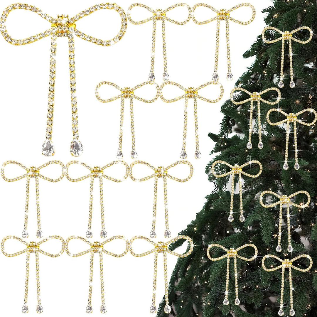 Highergo 12 Pcs Rhinestone Christmas Bows Ornaments Sparkly Glitter Bow Christmas Tree Ornaments for Xmas Wreath Garland Fireplace Home Decorations(Simple Style,Gold)
