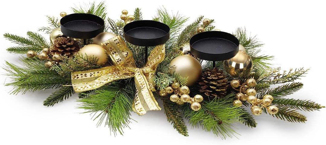 Christmas Table Centerpieces Decorations, 27.5 Inch Designed with Golden Bowknot Baubles Ornaments, Artificial Golden Berries and Pine Cones for Dining Room Table (Gold Ball)