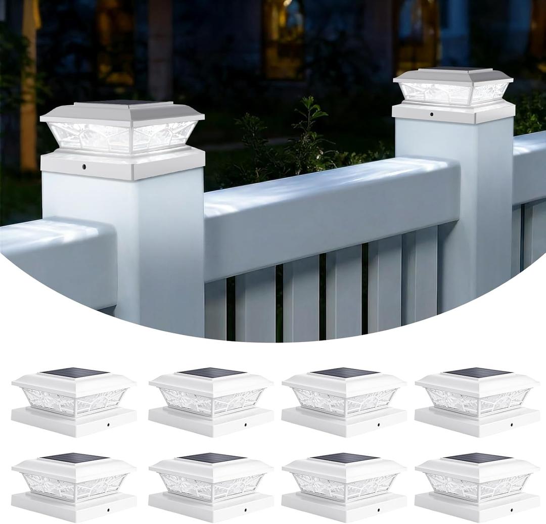 Brightever 4x4 3.5x3.5 Solar Post Cap Lights, 8-Pack Outdoor Solar Powered Fence Post Lights Fit Vinyl/Wood Posts, 2 Modes(Warm/Cool Light), Solar Waterproof Deck Post Lights for Garden, Patio, White