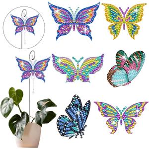 HTTDMY 6 Pcs Diamond Art Kits for Adults, Diamond Painting Crafts Stakes with Pendant for Garden Home Decoration (Butterfly), 6 cm x 7 cm x 0.1 cm
