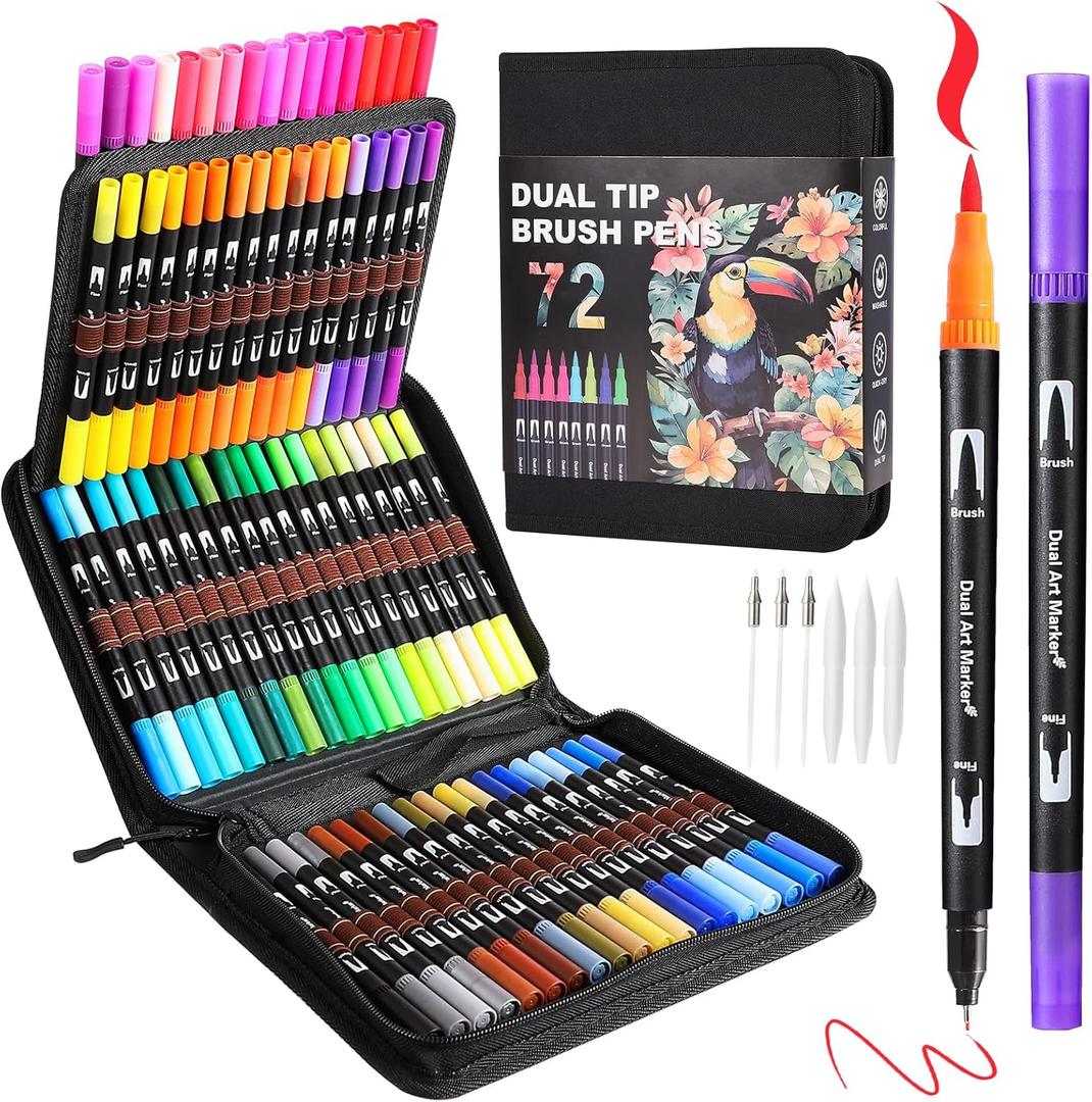 TOSHARE Art Markers Pens Dual Tip Coloring Markers Set with Brush & Fine Nib for Adult Coloring Book Brush Pens Professional Calligraphy & Drawing Art Supplies Kit for Adults (72 Colors)