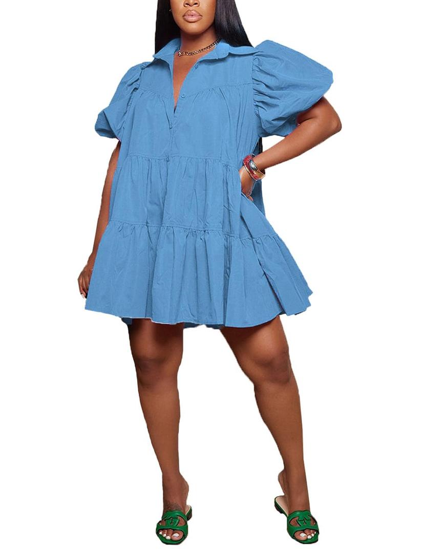 WOKANSE Women's Cute Babydoll Dresses Casual Loose Puff Sleeves Ruffle Hem Button Down Pleated Shirt Dress Size XXL
