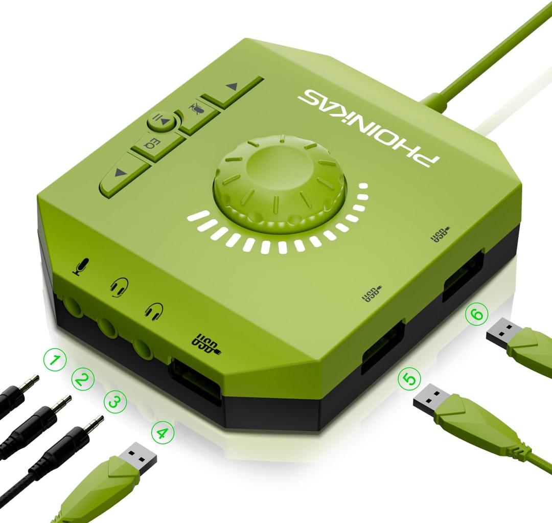 T10 External Sound Card, PHOINIKAS USB Audio Adapter for PC Windows, Mac, Linux, Laptops, Desktops, Stereo Sound Card with 3.5mm Interface & USB Interface, Volume Control, Plug & Play (6-in-1, Green)