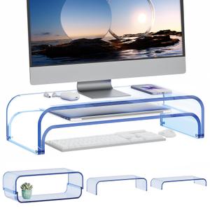 ERGO COLLECT Acrylic Dual Monitor Stand Riser 2 Tier, Modular Laptop Stand for Desk, Multifunctional Desktop Organizer Shelf for PC, iMac, Printer, Detachable Monitor Stand for Office or Home, Blue