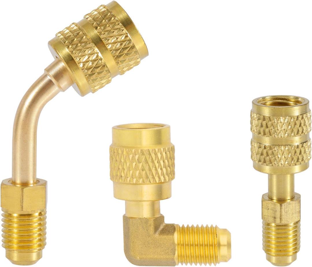 3pcs R410A Adapter for Mini Split System, 5/16" SAE Female to 1/4" SAE Male Flare Charging Vacuum Port Adapter Straight 45& 90 Angle Adapters Fitting for HVAC Air Conditioner Refrigeration