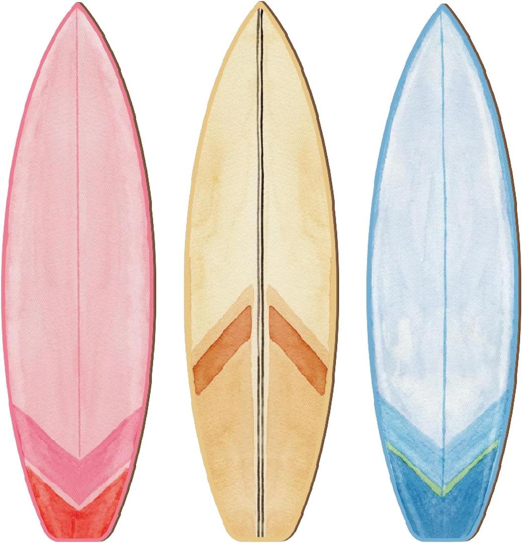 RattanView 3 Pieces Surfboard Decor for Bedroom Wooden Beach Wall Decor Summer Wood Surfboard Wall Hanging Sign for Tropical Living Room Decoration(Watercolor, Yellow, Blue, Pink)