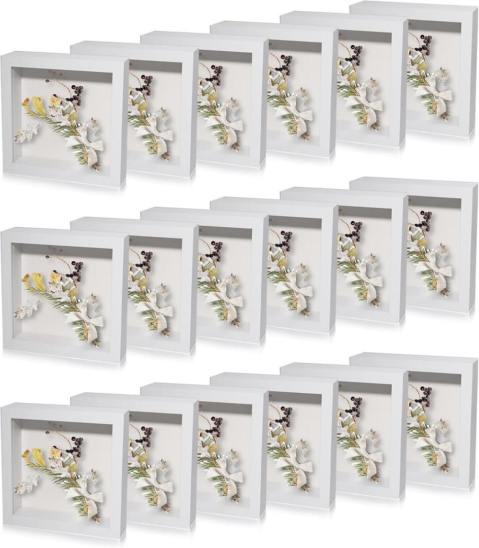 18 Pack Shadow Box Frame Display Case Shadow Box Square Picture Frame for Photos Flower Memorabilia Wedding Bouquets Father Day Graduation Gift Object Tickets Wall and Tabletop(White, 5 x 5 Inch)