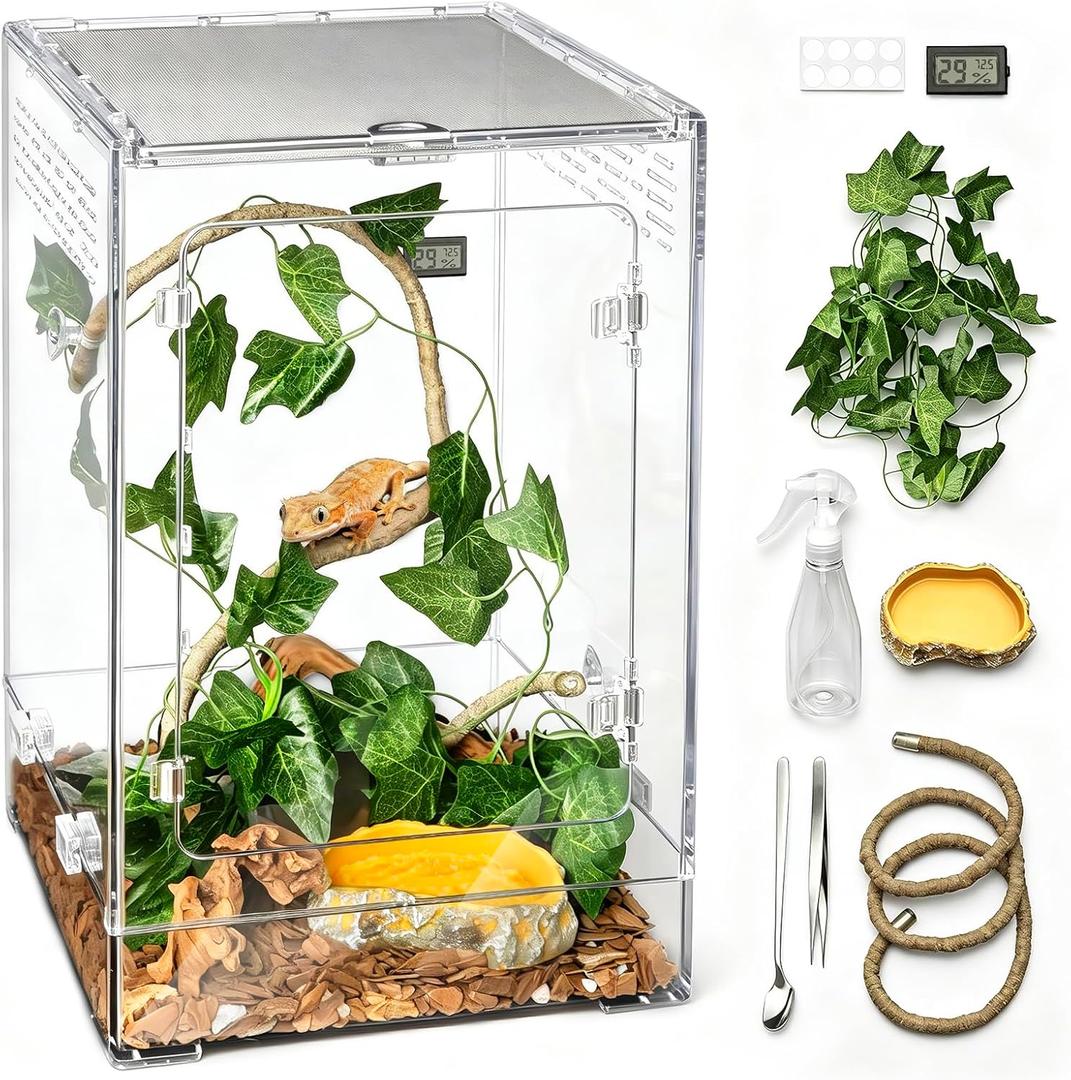 Reptile Tank,12" x 12" x 18" Tall Starter Crested Gecko Terrarium | Vertical Transparent Enclosure Kit,Arboreal Tarantula Ventilation Habitat for Tree Frog Dart Cribs,Gecko,Small Reptile Cage