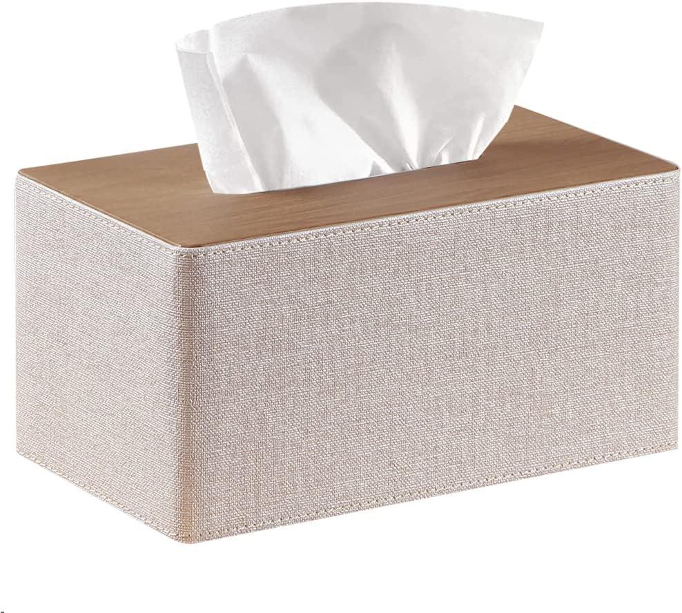 Tissue Box Cover,PU Leather Rectangular Tissue Box Holder,Napkin Dispenser,Decorative Holder/Organizer for Bathroom Vanity Countertop, Nightstand, Coffee Table, Home,Car (Plus, Beige)