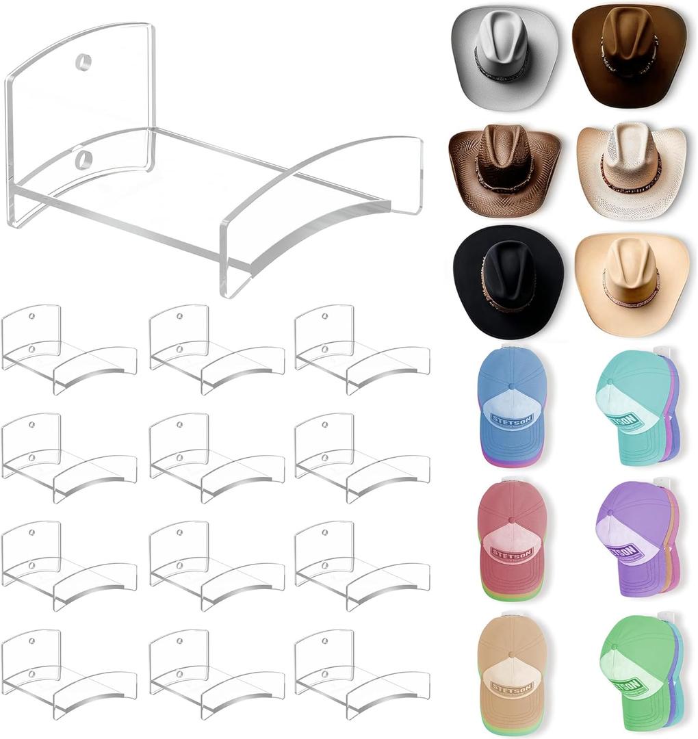 Cowboy Hat Rack(12Pack) - Wide Brimmed Organizer - Strong Adhesive Cowboy Holder - 2.2Inch Hooks for Walls - 2 Mounting Option Holder - Hangers for Doors and Closets - Clear