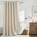 Beige Extra Long Shower Curtain Linen Textured with 12 Metal Hooks Cute Heavy Duty Washable Waterproof Neutral Thick Cloth Shower Curtains with Sage Green Border for Bathroom Hotel Bathtub, W72xL84