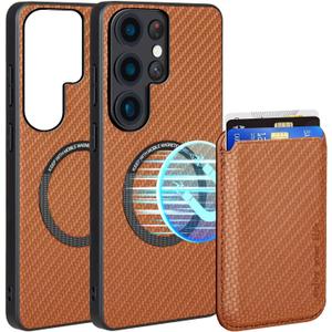 Designed for Samsung Galaxy S25 Ultra Case, Galaxy S25 Ultra Case with Card Holder, Supporting for Mag-Safe & Magnet, Knitted PC Cover with Soft TPU Edges, Anti-Slip & Shock-Absorbing(Orange)