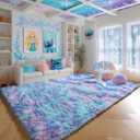 PAGISOFE Plush Rainbow Mermaid Rugs for Bedroom Girls, 6x9 Soft Purple Shag Area Rugs for Livingroom, Girls Room, Nursery, Classroom, Home Decor, Fluffy Fuzzy Carpet Mermaid Kawaii Pink Rugs