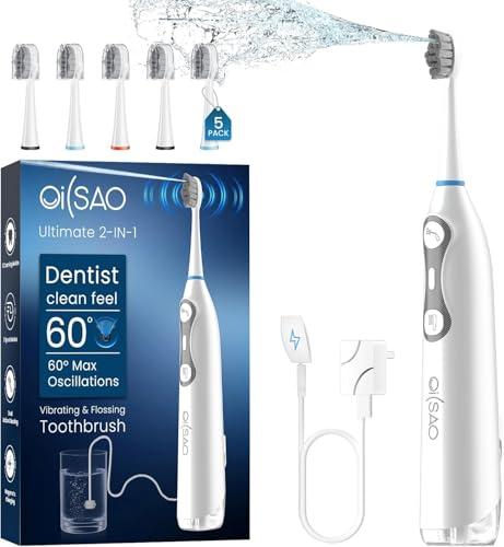 3-in-1 Upgraded Pro Flossing Toothbrush-Flosses, Vibrates and Oscillates(The 1st Tech), Electric Toothbrush with Water Flosser Equipe 5 Brush Heads, Plaque Removal for Sensitivity, Braces-White