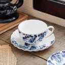 Agyiuns ceramic tea cup and saucer set of 4,floral teacup sets for Coffee, Latte, Cafe Mocha and Tea (Dark blue flowers)