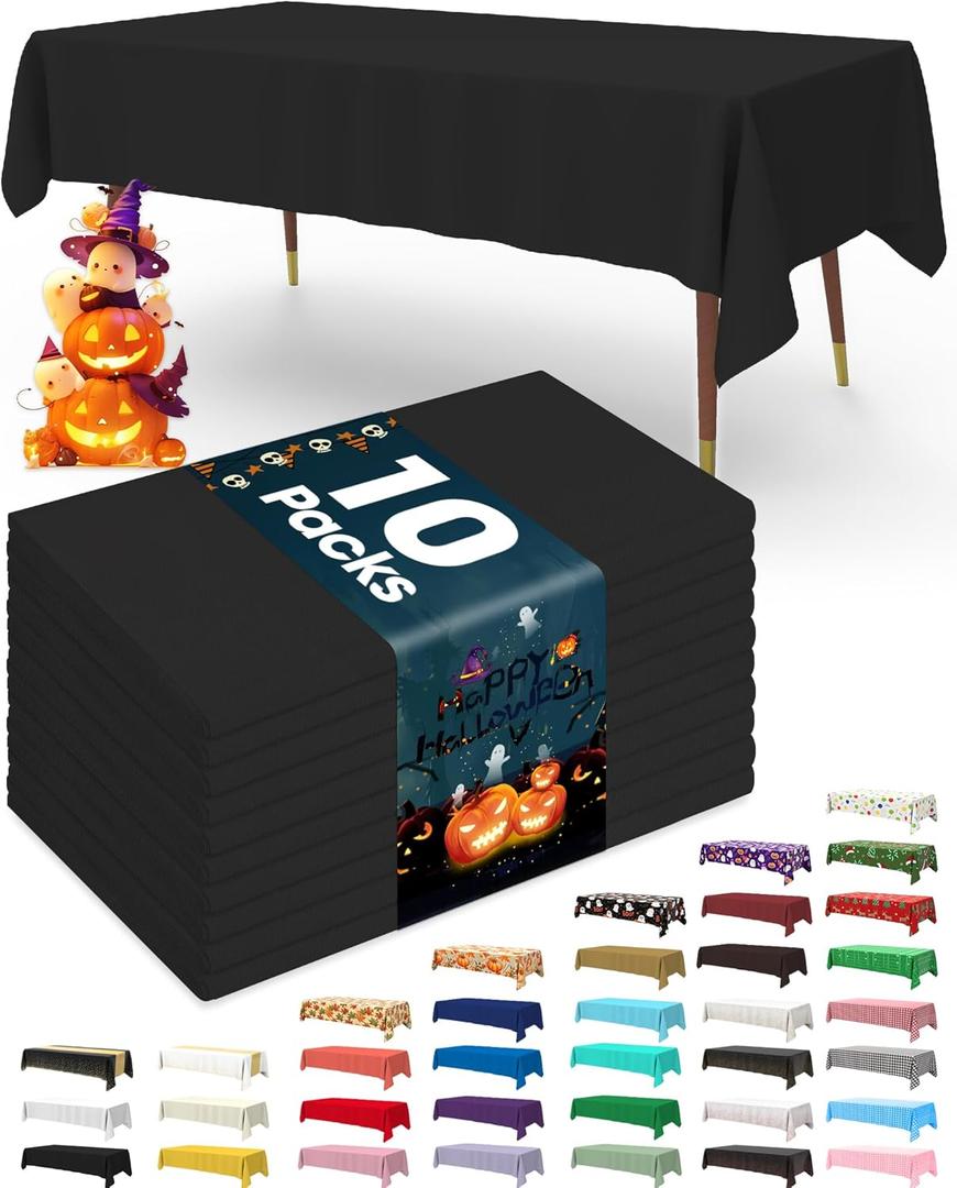 Pureegg Plastic Table Cloth Disposable 10 Pack, 54 x 108 Inch Table Cloths, Halloween Party Decorations, Summerween Decor, Halloween Tablecloths, Rectangle, Plastic Cover, Leakproof & Sturdy, Black