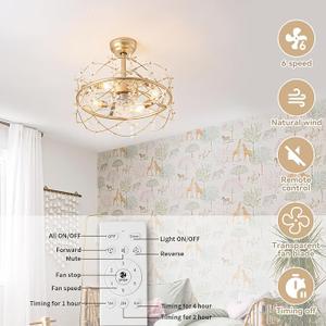 20 Inch Gold Caged Ceiling Fan with Light, Flower Chandelier Ceiling Fan with Lights Remote Control, Modern Crystal Fandelier 6 Speeds for Girl's Bedroom, Living Room