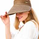 Women's Wide Brim Sun Hat Straw Sun Visor Hat, Natural Straw, Visor Cap UPF 50 Protection, Foldable Beach Hat with Ponytail (Brown)