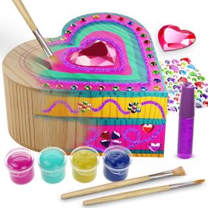 Pretty Me Paint Your Own Wooden Kids Heart Treasure Box Kit - Basket Stuffers - Art Kits for Toddler Girl - Arts and Craft Gifts for Ages 4-6 Year Old Girls - DIY Jewelry - Toys - Crafts Painting Gift
