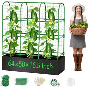 Cucumber Trellis with Grow Bag,63.8"×49.6"×16.5" Trellis for Climbing Plants Outdoor,U-Shape Reusable Metal Garden Arch Trellis with Net, for Fruit Flower Support for Pea, Grape Vine Type Plants