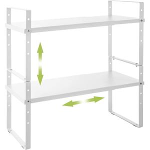 Expandable Cabinet Shelf Organizer Rack, Stackable Kitchen Counter Storage Shelves Stand, Adjustable Height Pantry Shelf Spice Rack (White, 2 Pack) (8.7''D*15.7-25.6''W*9.8''H)