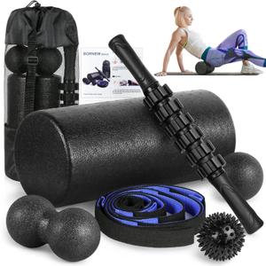 Foam Roller Set - High Density Back Roller, Muscle Roller Stick,2 Foot Fasciitis Ball, Stretching Strap, Massager Ball for Whole Body Physical Therapy & Exercise, Yoga, Back Pain, Leg, Deep Tissue