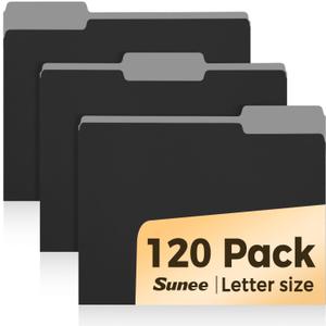 SUNEE File Folders, 120 Pack Manilla Folders 8.5 x 11, 1/3 Cut Tab for Easy Labeling and Organization, Durable Standard Paper for Home, Office, School Filing, Black