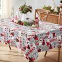 Newbridge Christmas Joy & Cheer Holiday Word Collage 60 x 102 Inch Rectangle Vinyl Tablecloth with Flannel Backing – Red Plaid Trees, Santa & Snowflake Print Easy-Care Wipe Clean Table Cover