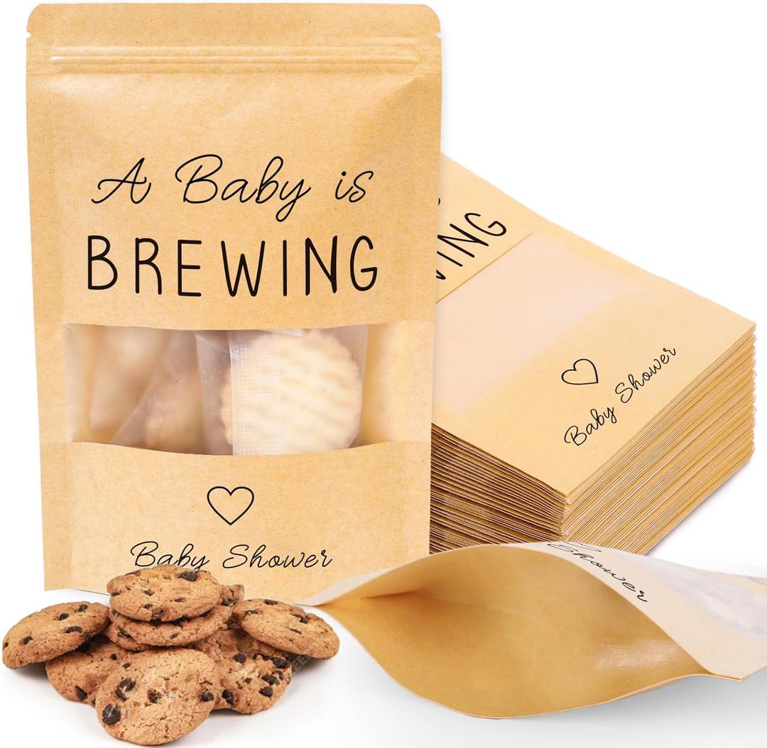 Whaline 50 Pack Kraft Resealable Bags Mini Coffee Baby Shower Favor Bag A Baby is Brewing Stand Up Pouches Bag with Window for Gender Reveal Party Donuts Goodie Candy Gifts Supplies, 3.9 x 5.9 In