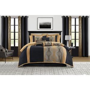 Stratford Park Elegant Black and Gold Comforter Set King Size, Striped,15 Piece Room-in-A-Bag, Jacquard Bedding Set, All Season, Matching Decorative Pillows, Pillow Sham, Curtains